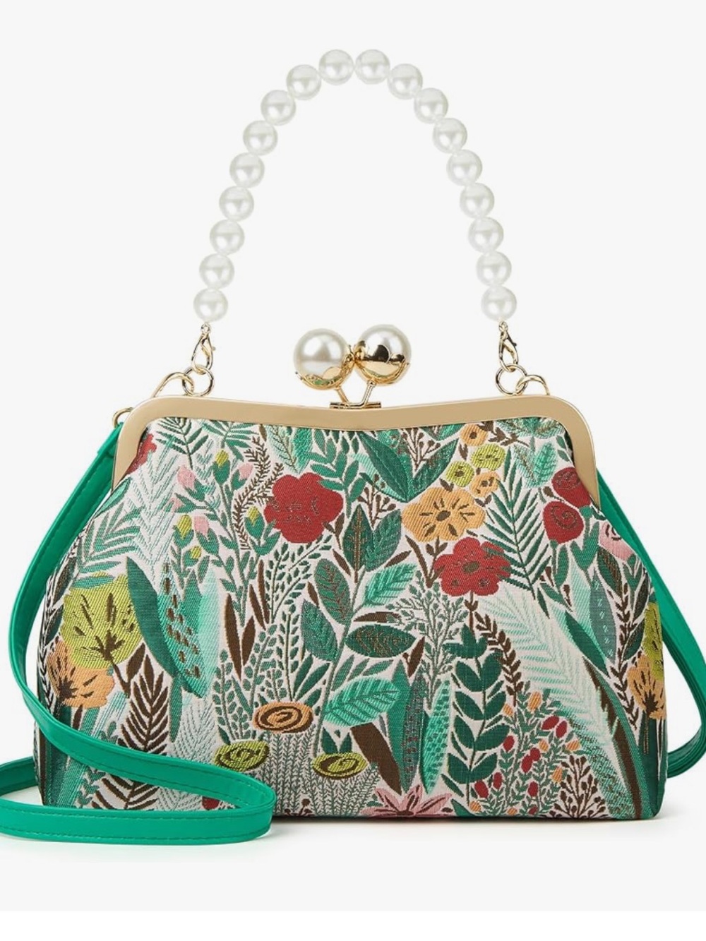 NWT Vintage Embroidered Flower Handbag Retro Pearl Chain Crossbody Bag Clutch